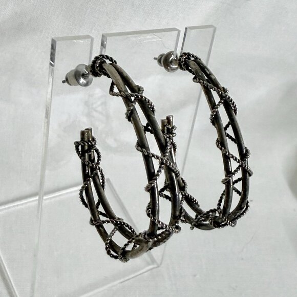 Vintage Grey Silver Tone Twisted Wire Hoop Earrings – Industrial Style - Picture 7 of 9